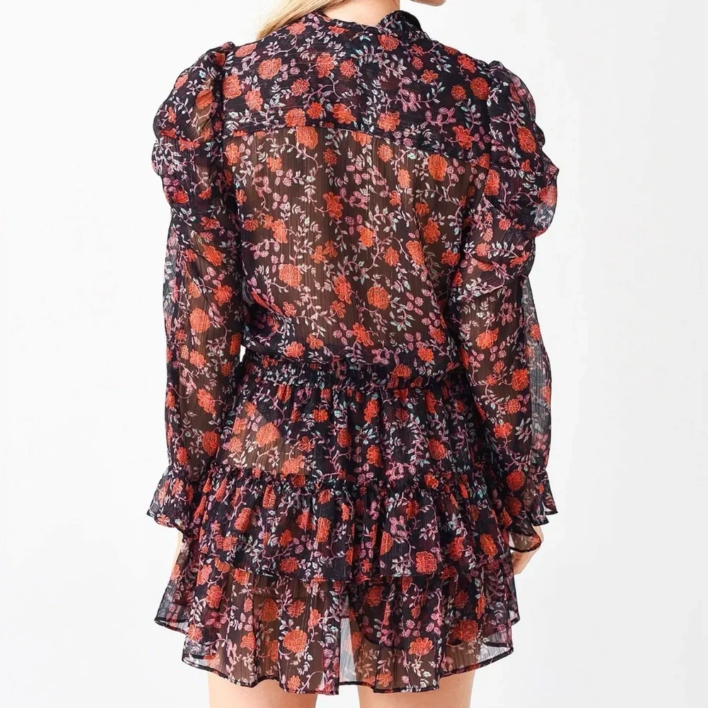 MISA Anika Dress XS Carnelian Blooms Floral Ruffle Mini Metallic - Picture 3 of 11